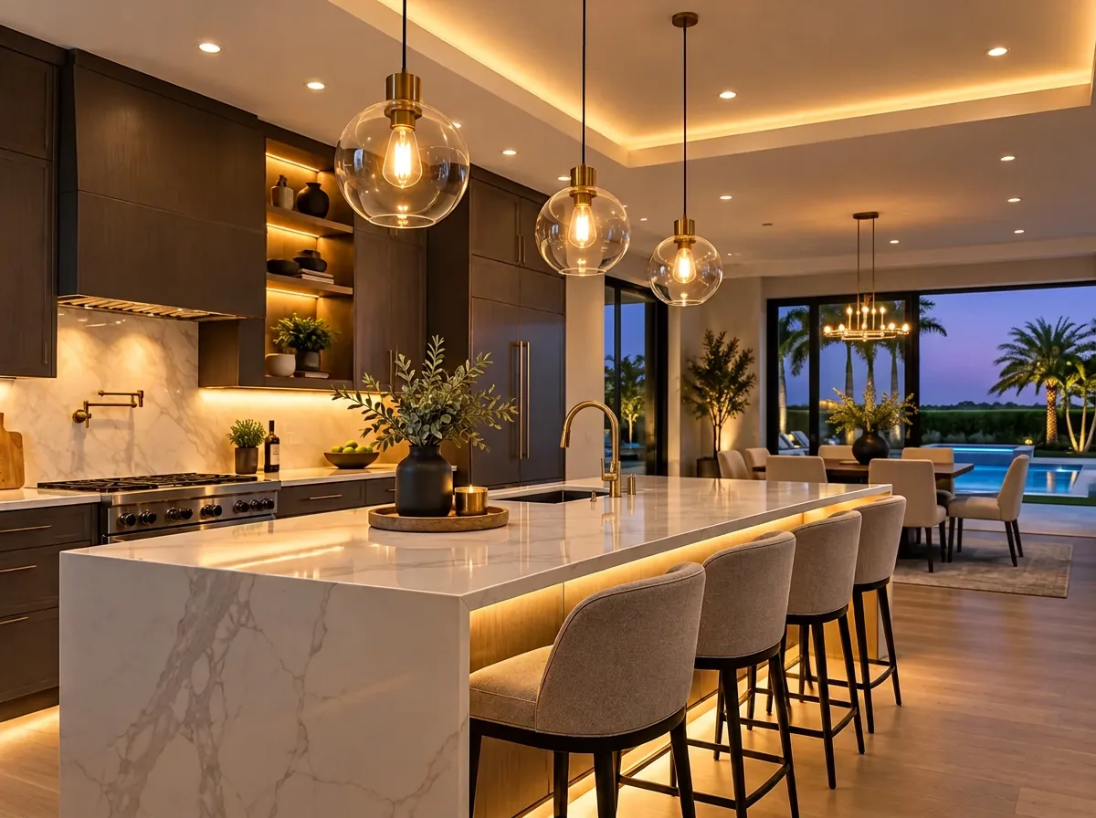 Custom kitchen lighting design with pendants, recessed and under-cabinet lighting