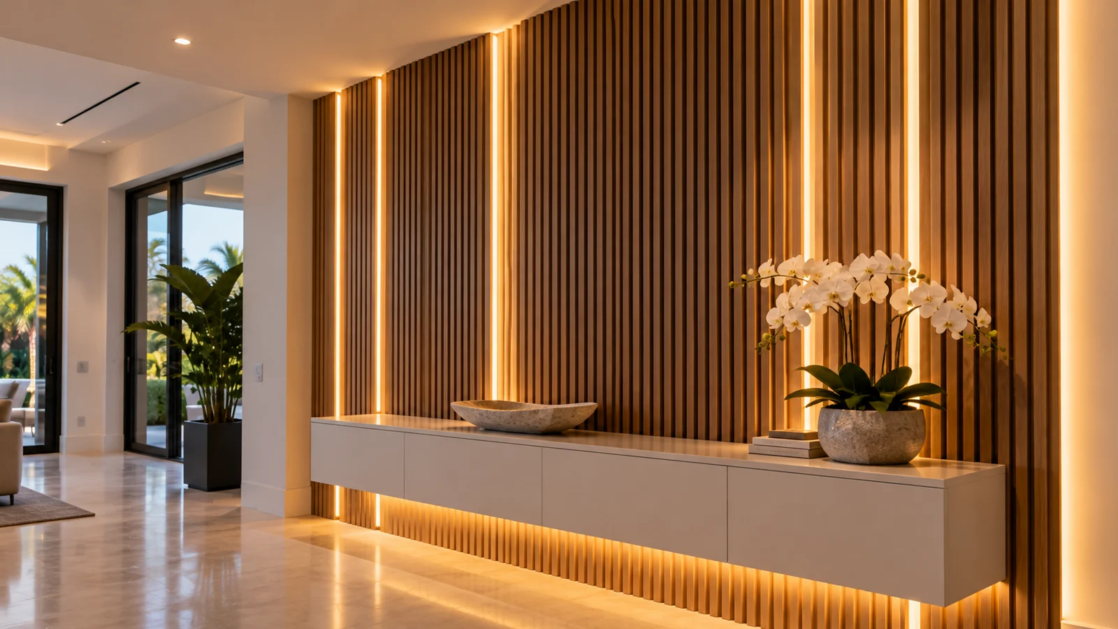 Backlit wood slat accent wall with LED strip lighting in a South Florida home